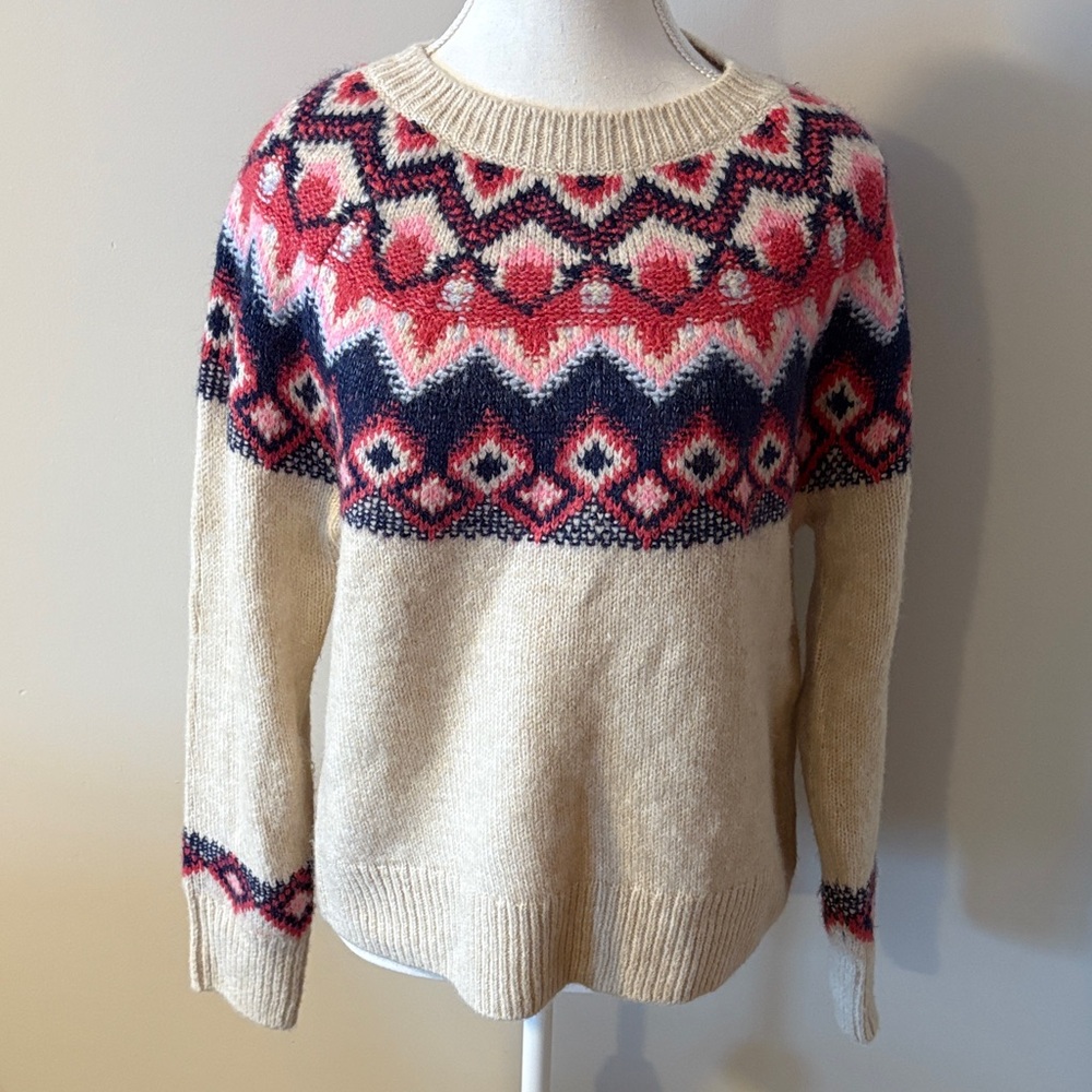 Old Navy Wool Blend Oversized Cream and Pink Geometric Sweater. Size Small